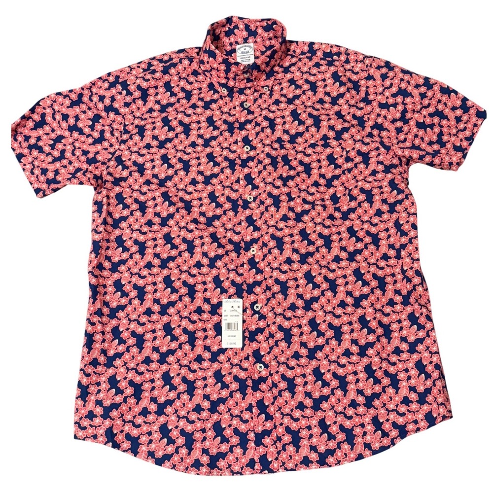 Brooks Brothers Mens Medium Floral Short Sleeve Button Down Shirt‎ Navy Pink New